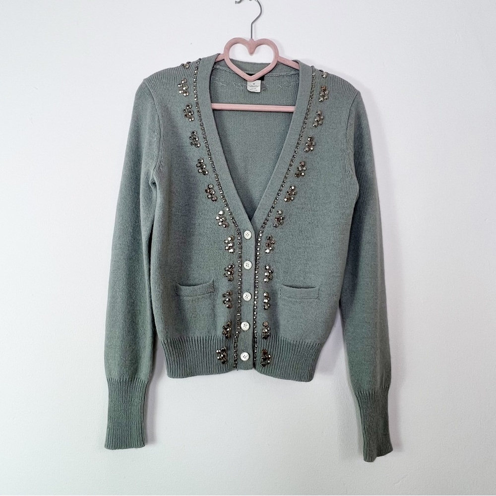 J.Crew Light Grey Green Alpaca Merino Embellished Cardigan With Pockets Size XS - Picture 2 of 7